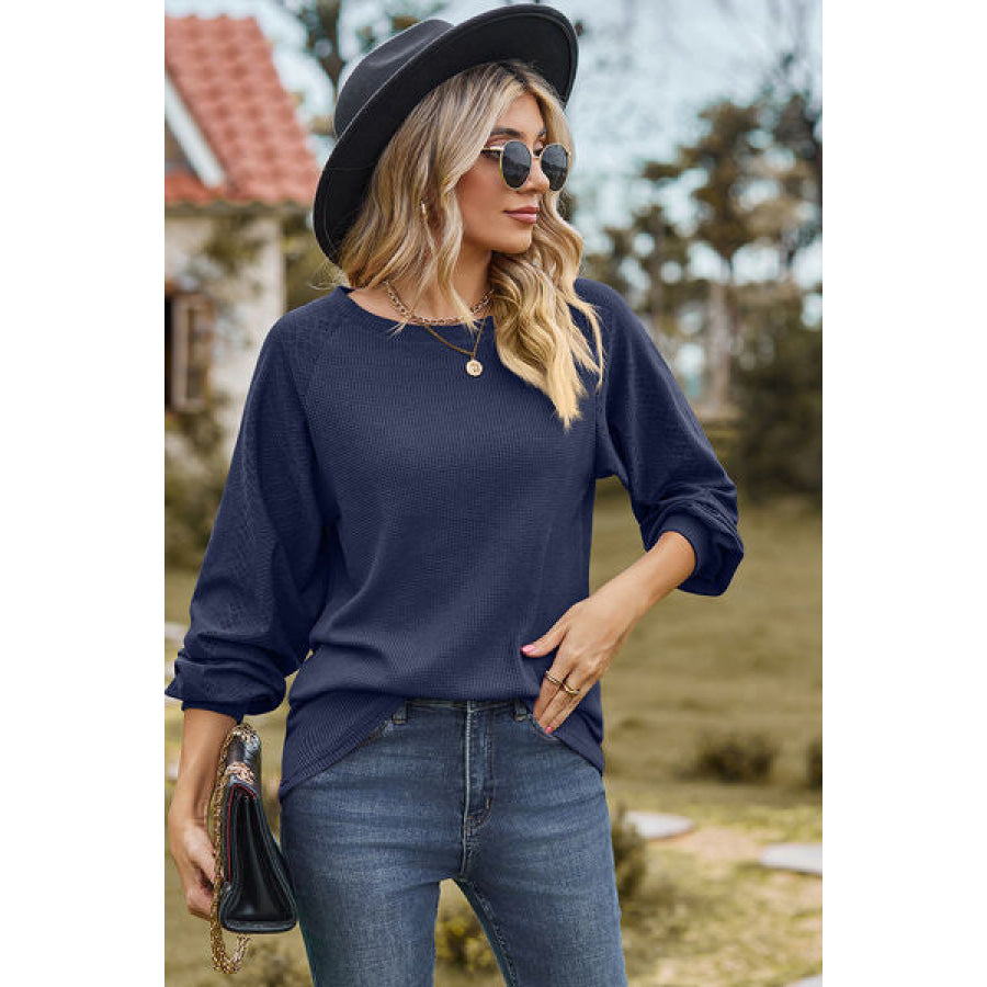 Eyelet Round Neck Long Sleeve T - Shirt Apparel and Accessories