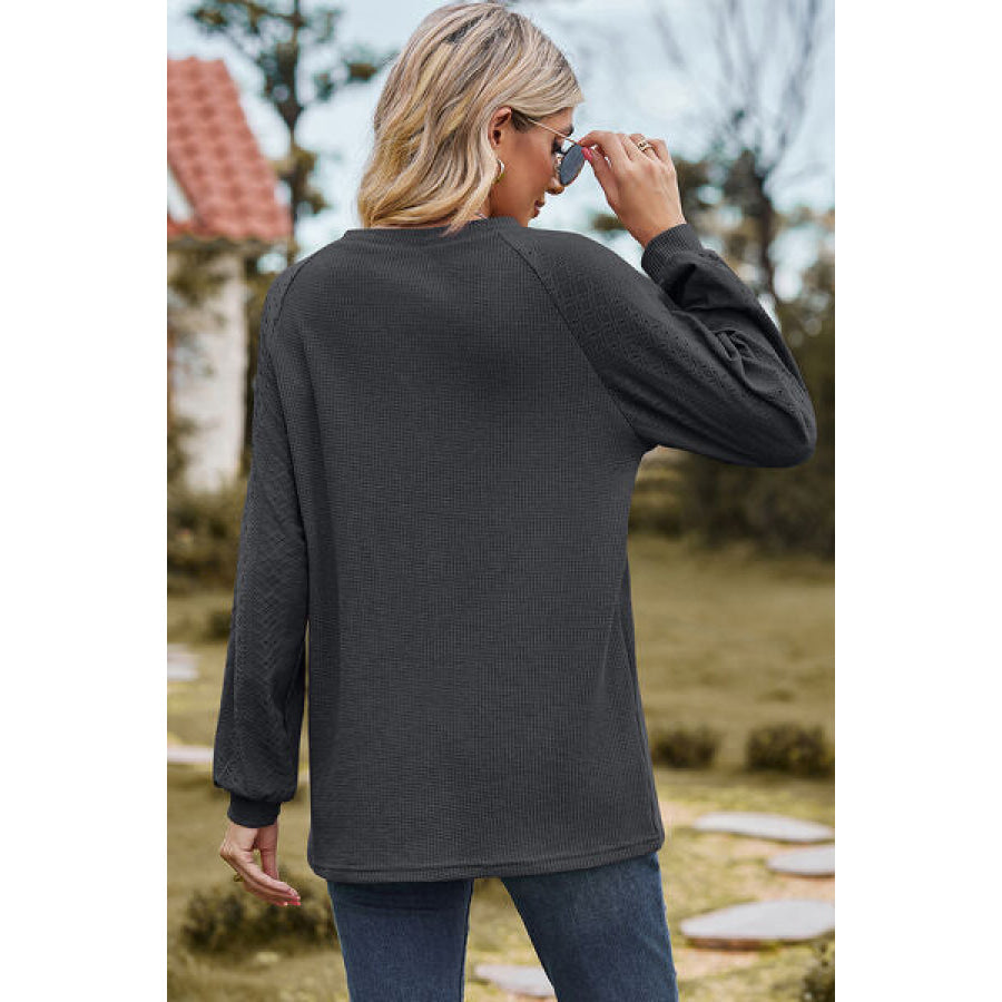 Eyelet Round Neck Long Sleeve T - Shirt Apparel and Accessories