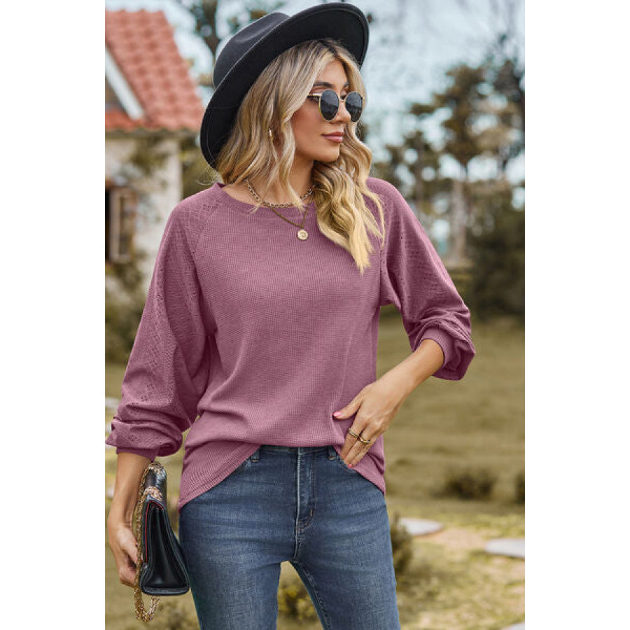 Eyelet Round Neck Long Sleeve T - Shirt Apparel and Accessories