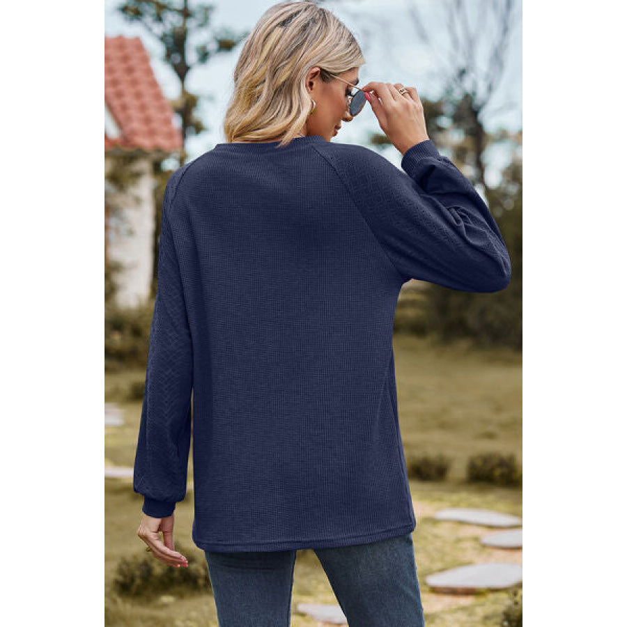 Eyelet Round Neck Long Sleeve T - Shirt Apparel and Accessories