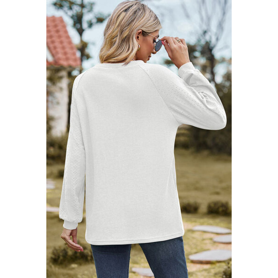Eyelet Round Neck Long Sleeve T - Shirt White / S Apparel and Accessories