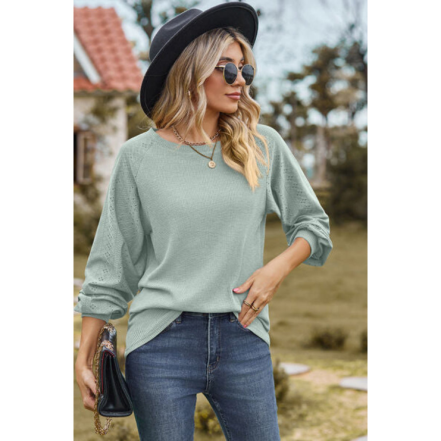 Eyelet Round Neck Long Sleeve T - Shirt Apparel and Accessories