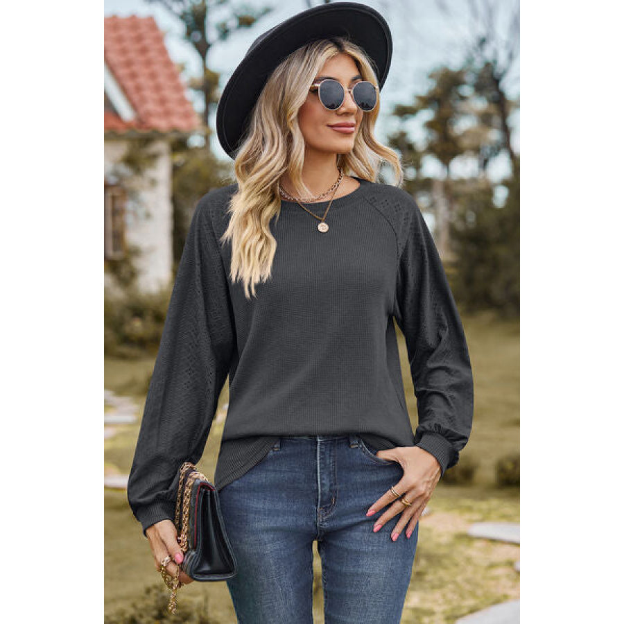 Eyelet Round Neck Long Sleeve T - Shirt Charcoal / S Apparel and Accessories