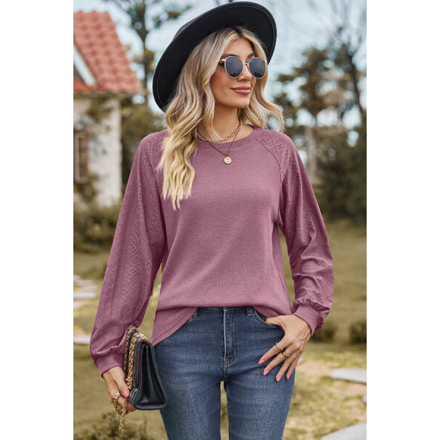 Eyelet Round Neck Long Sleeve T - Shirt Lilac / S Apparel and Accessories