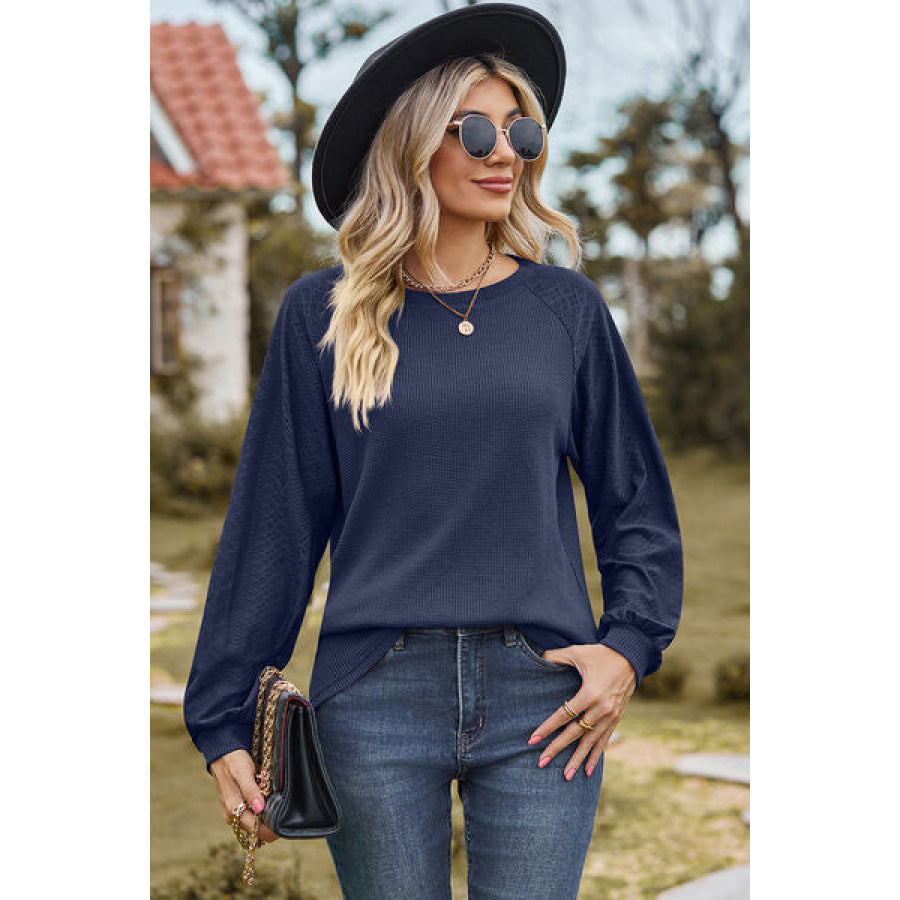 Eyelet Round Neck Long Sleeve T - Shirt Navy / S Apparel and Accessories
