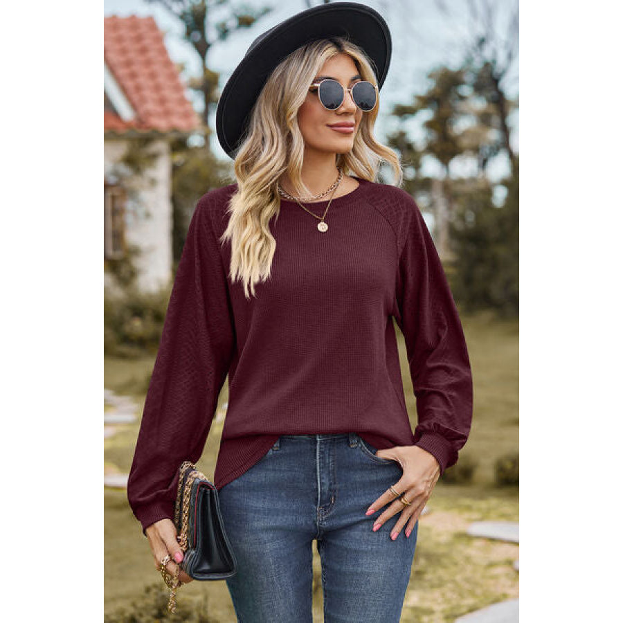 Eyelet Round Neck Long Sleeve T - Shirt Wine / S Apparel and Accessories