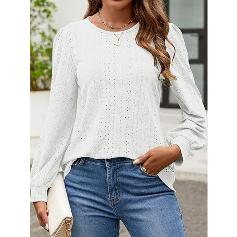 Eyelet Round Neck Long Sleeve Top Apparel and Accessories