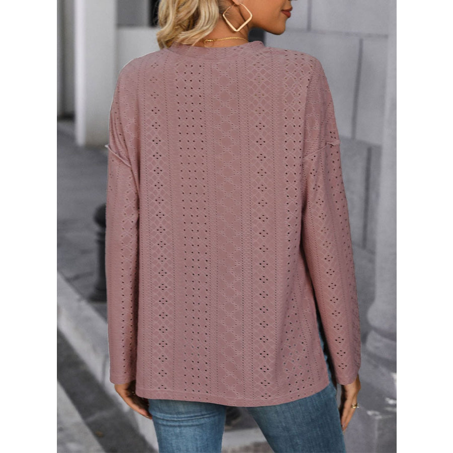 Eyelet Round Neck Long Sleeve Top Dusty Pink / S Apparel and Accessories