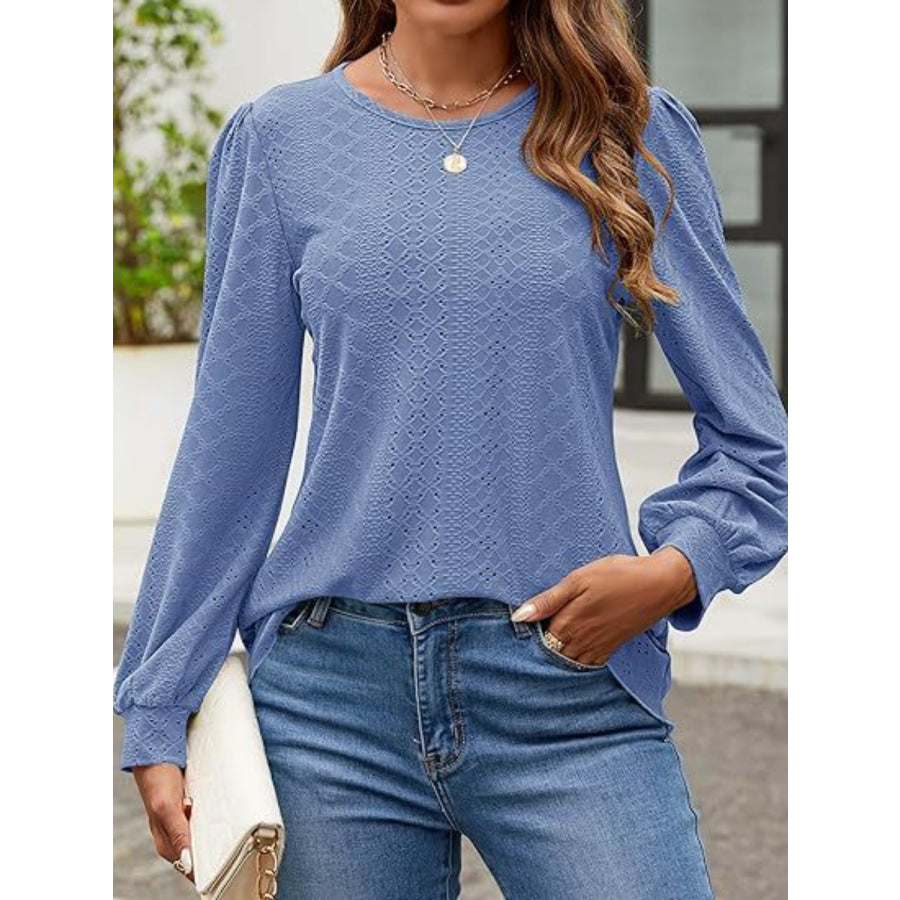 Eyelet Round Neck Long Sleeve Top Apparel and Accessories