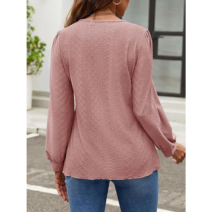 Eyelet Round Neck Long Sleeve Top Apparel and Accessories