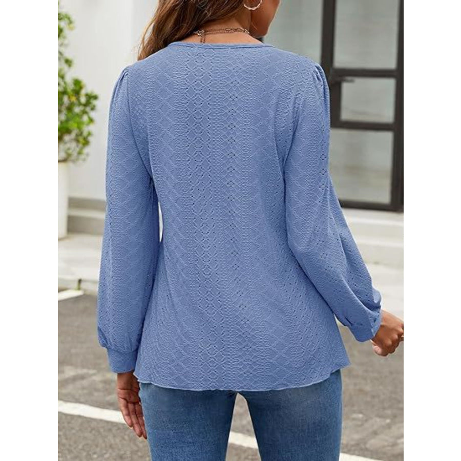 Eyelet Round Neck Long Sleeve Top Apparel and Accessories