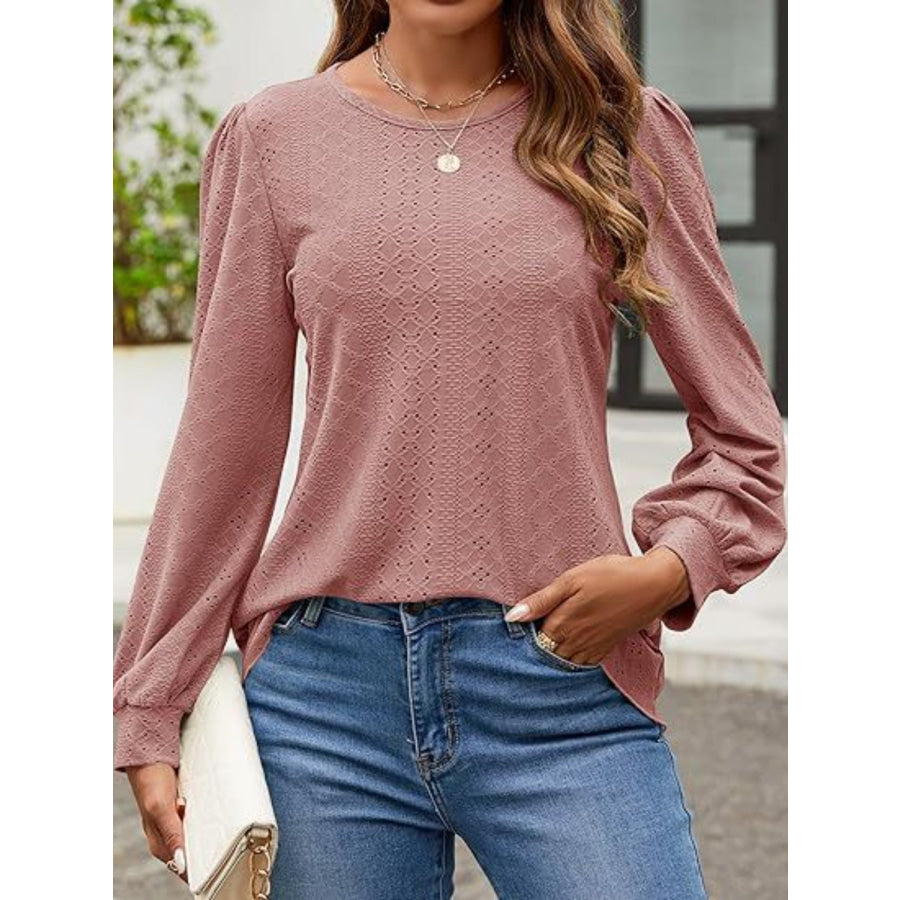 Eyelet Round Neck Long Sleeve Top Apparel and Accessories