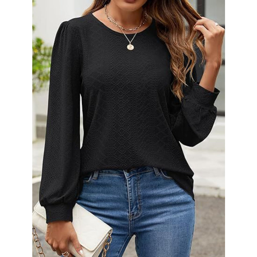 Eyelet Round Neck Long Sleeve Top Apparel and Accessories