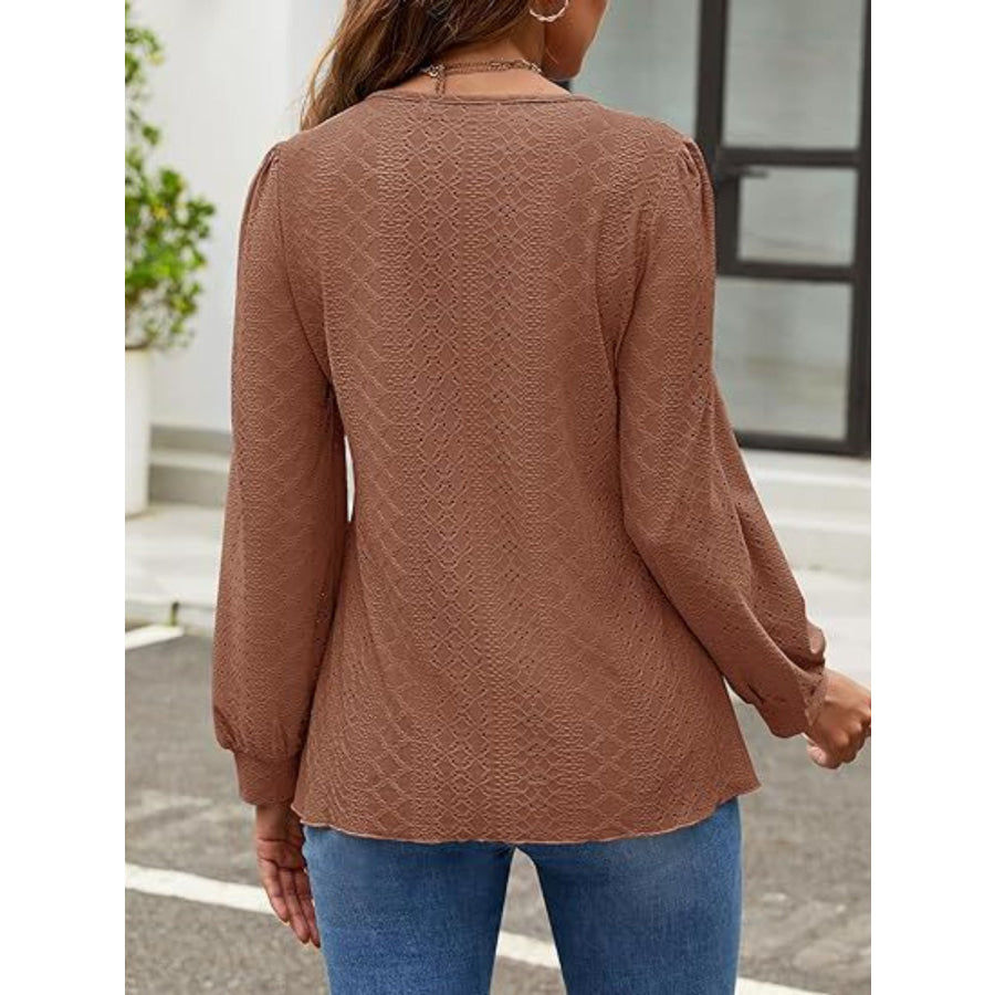 Eyelet Round Neck Long Sleeve Top Apparel and Accessories