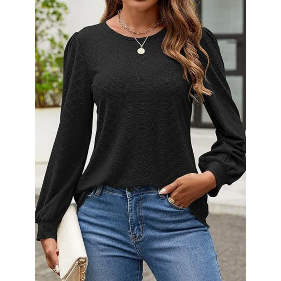 Eyelet Round Neck Long Sleeve Top Apparel and Accessories