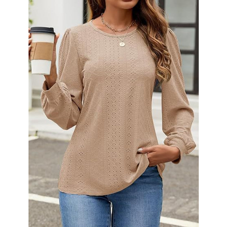 Eyelet Round Neck Long Sleeve Top Apparel and Accessories