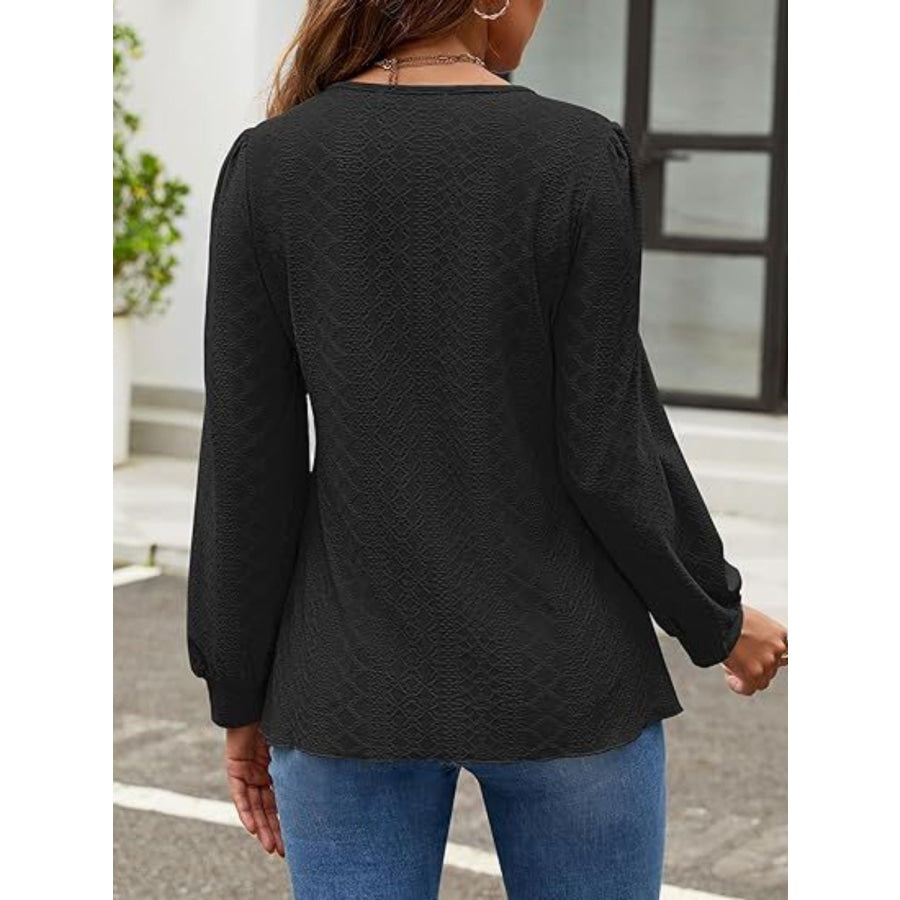 Eyelet Round Neck Long Sleeve Top Apparel and Accessories