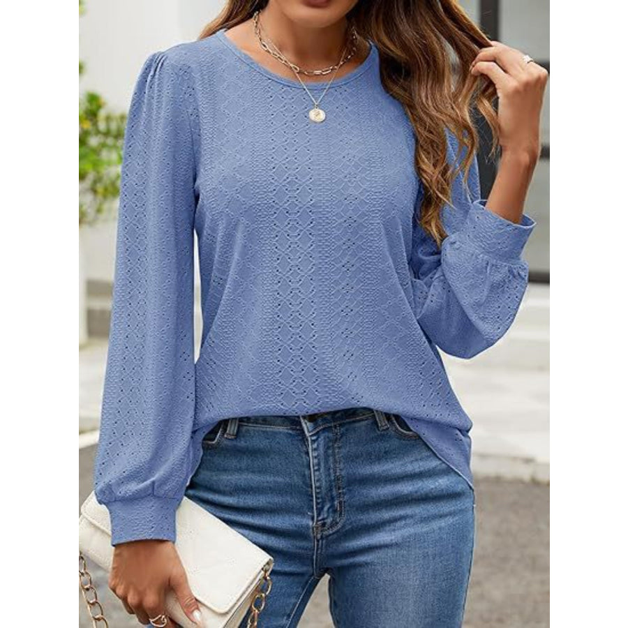 Eyelet Round Neck Long Sleeve Top Apparel and Accessories