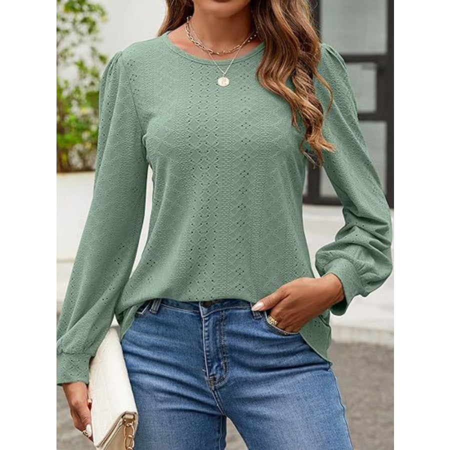 Eyelet Round Neck Long Sleeve Top Apparel and Accessories