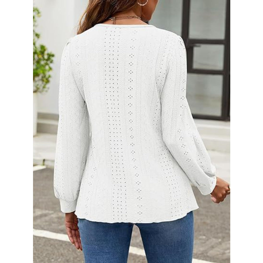 Eyelet Round Neck Long Sleeve Top Apparel and Accessories