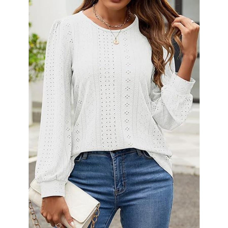 Eyelet Round Neck Long Sleeve Top Apparel and Accessories