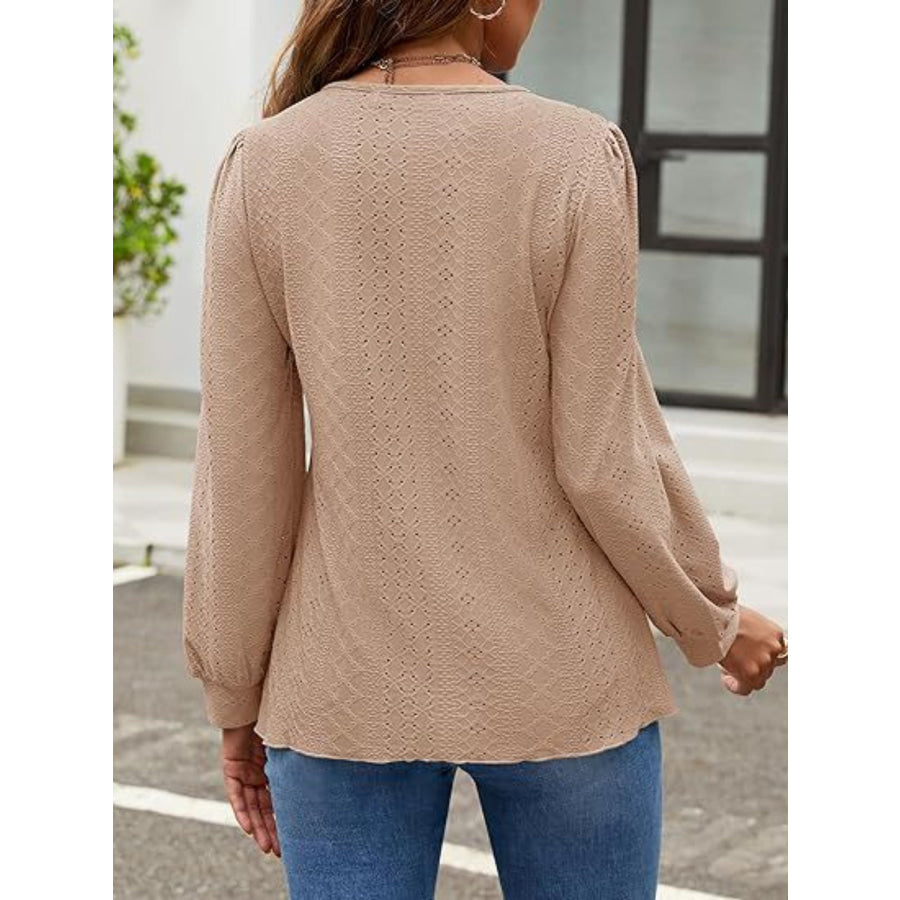 Eyelet Round Neck Long Sleeve Top Apparel and Accessories