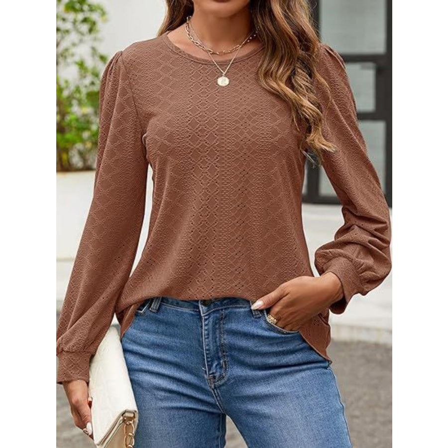 Eyelet Round Neck Long Sleeve Top Apparel and Accessories