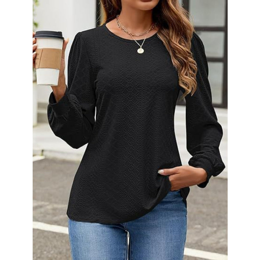 Eyelet Round Neck Long Sleeve Top Black / S Apparel and Accessories