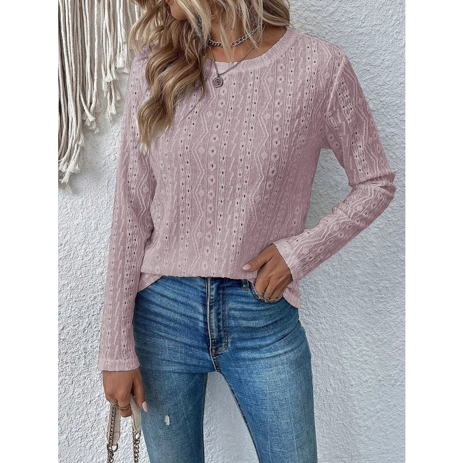 Eyelet Round Neck Long Sleeve Top Blush Pink / S