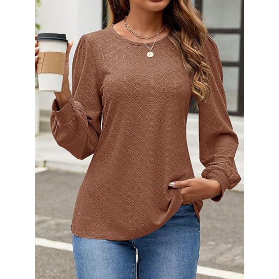 Eyelet Round Neck Long Sleeve Top Brown / S Apparel and Accessories