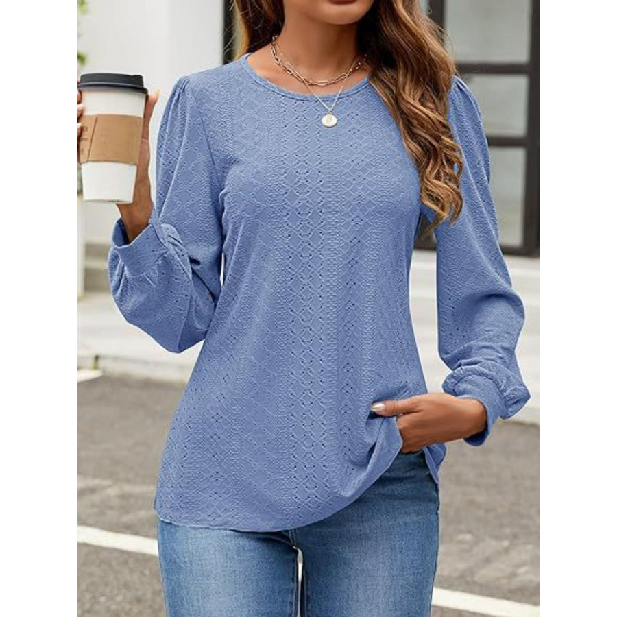 Eyelet Round Neck Long Sleeve Top Dusty Blue / S Apparel and Accessories