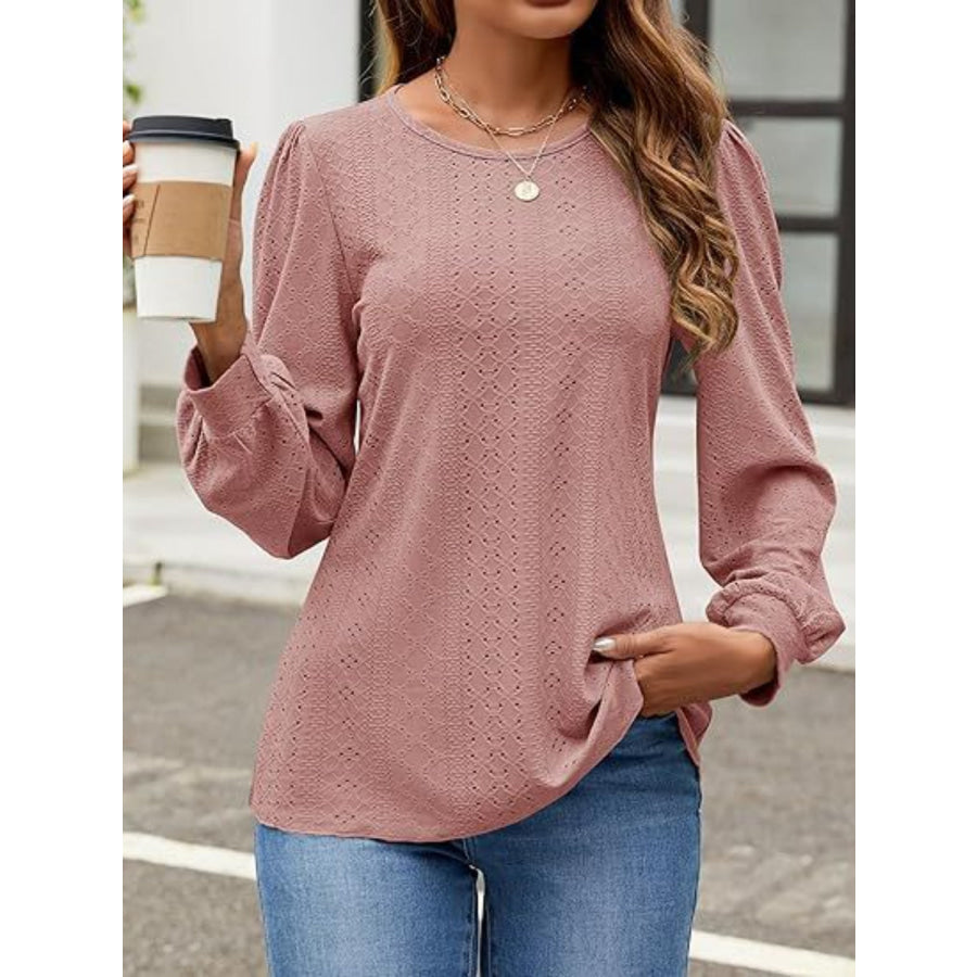 Eyelet Round Neck Long Sleeve Top Dusty Pink / S Apparel and Accessories