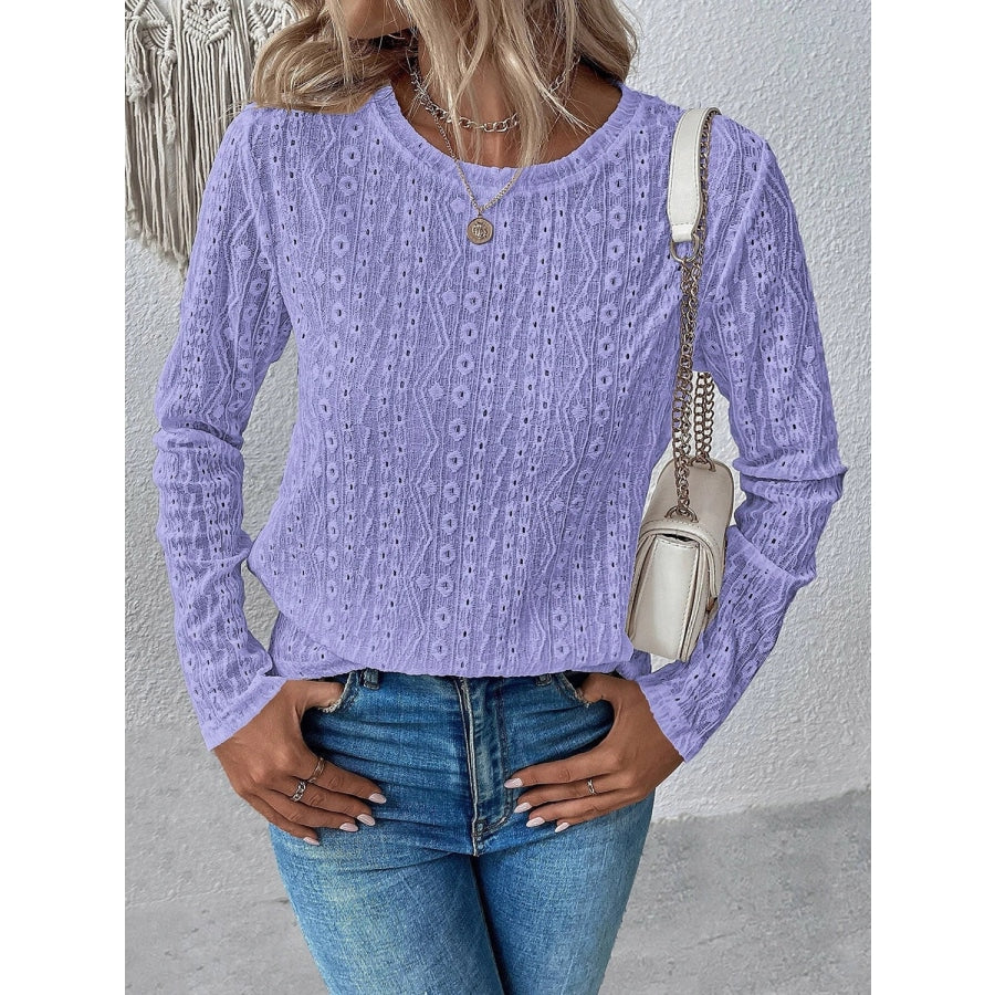 Eyelet Round Neck Long Sleeve Top Lavender / S