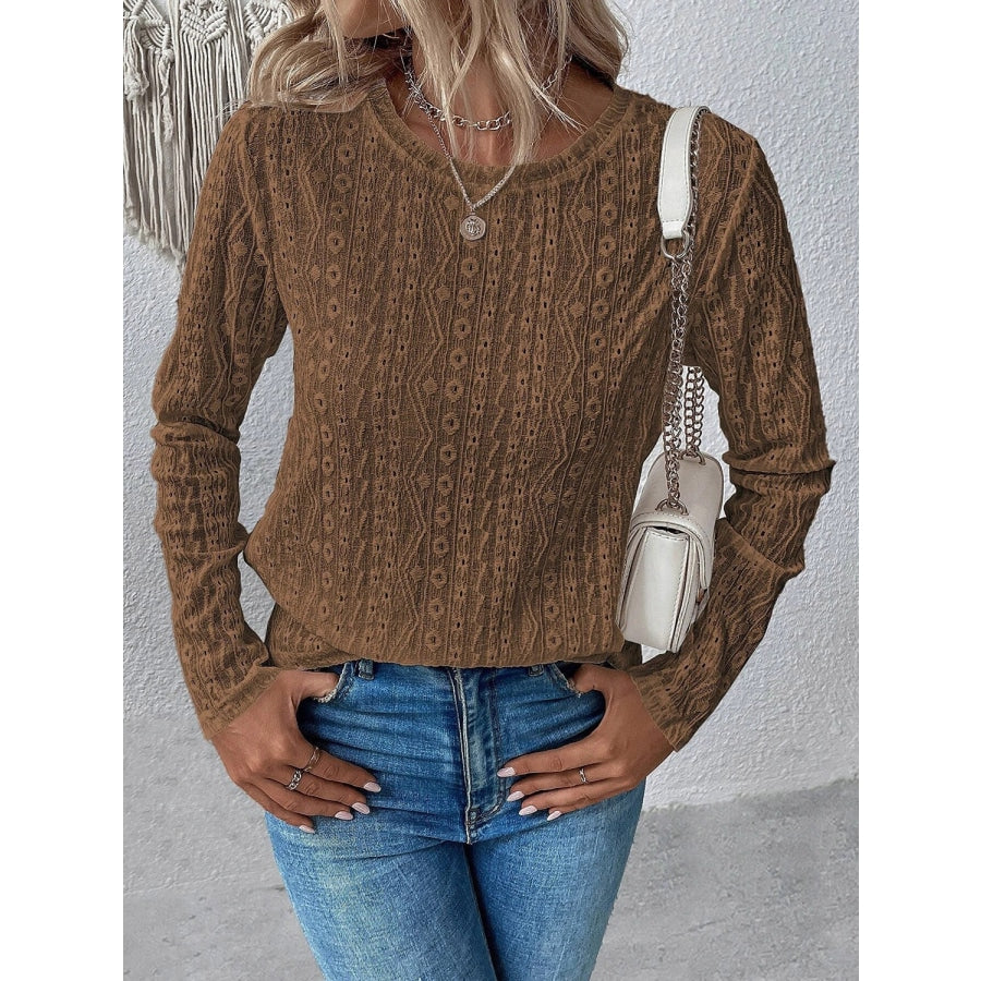 Eyelet Round Neck Long Sleeve Top Taupe / S