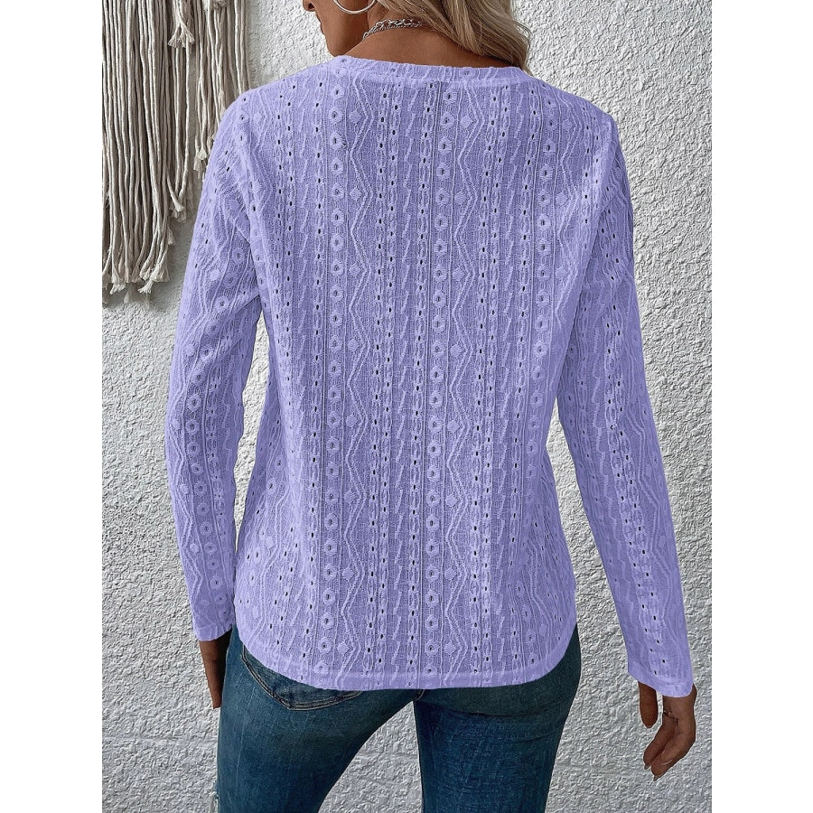 Eyelet Round Neck Long Sleeve Top