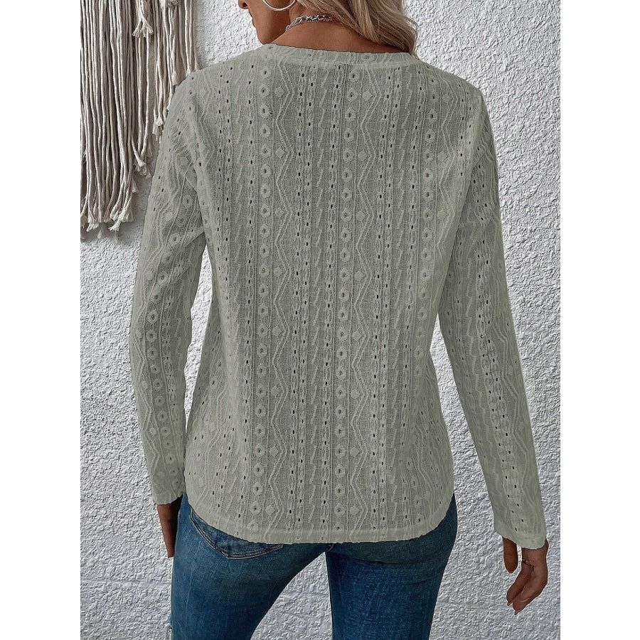 Eyelet Round Neck Long Sleeve Top