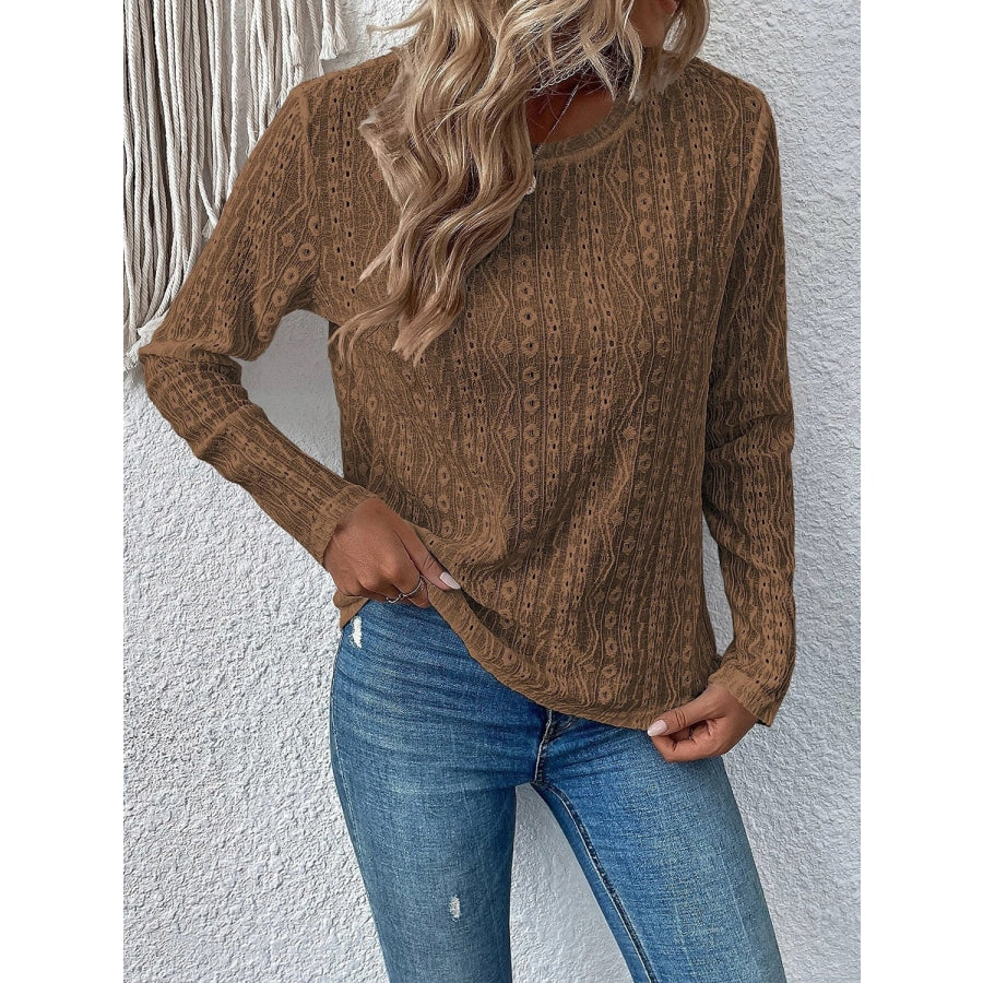 Eyelet Round Neck Long Sleeve Top