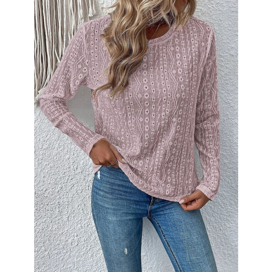 Eyelet Round Neck Long Sleeve Top