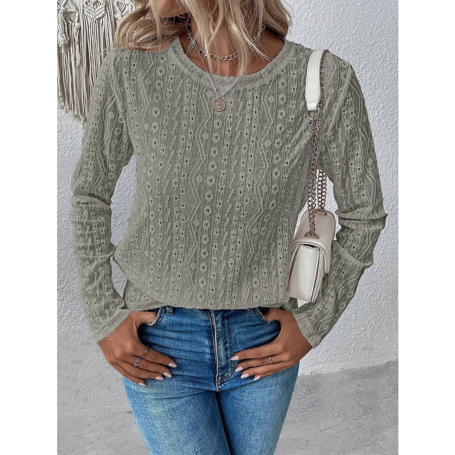 Eyelet Round Neck Long Sleeve Top