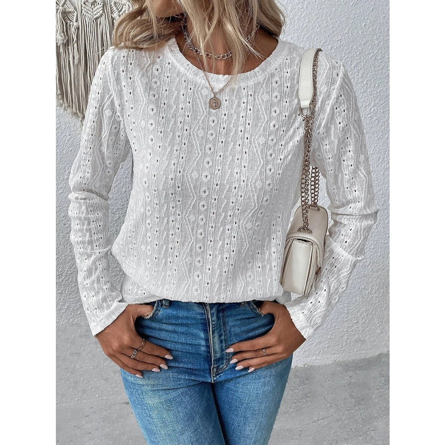 Eyelet Round Neck Long Sleeve Top