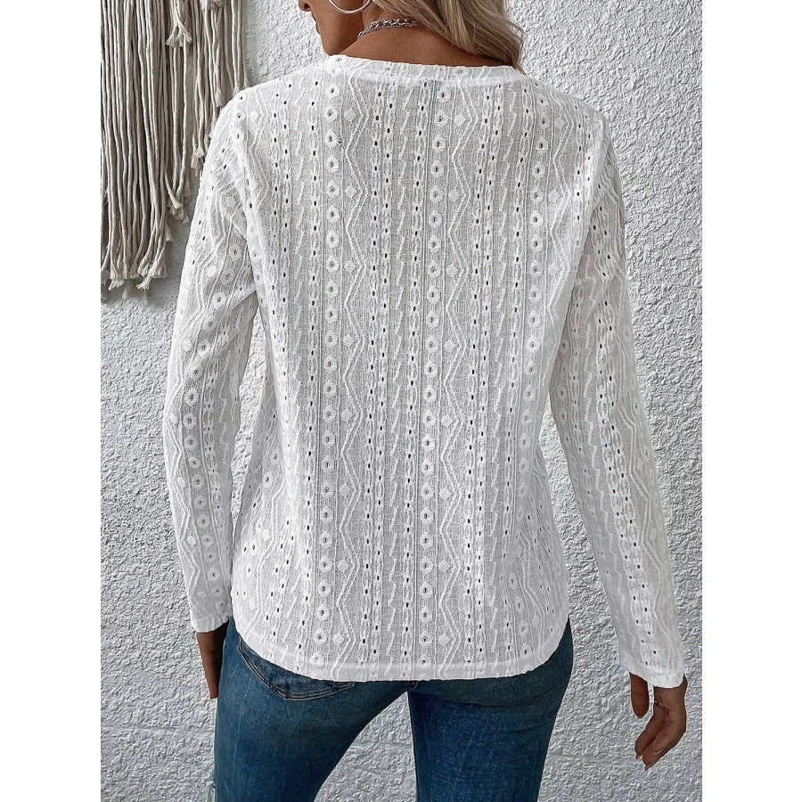 Eyelet Round Neck Long Sleeve Top