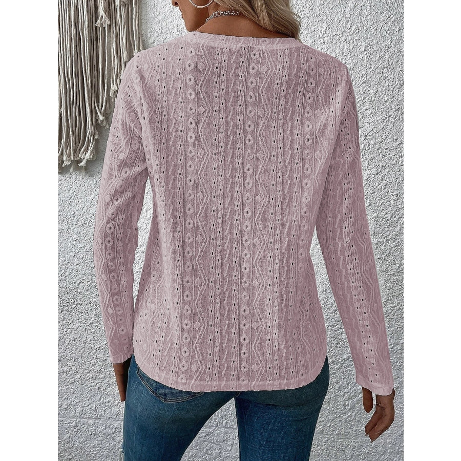 Eyelet Round Neck Long Sleeve Top