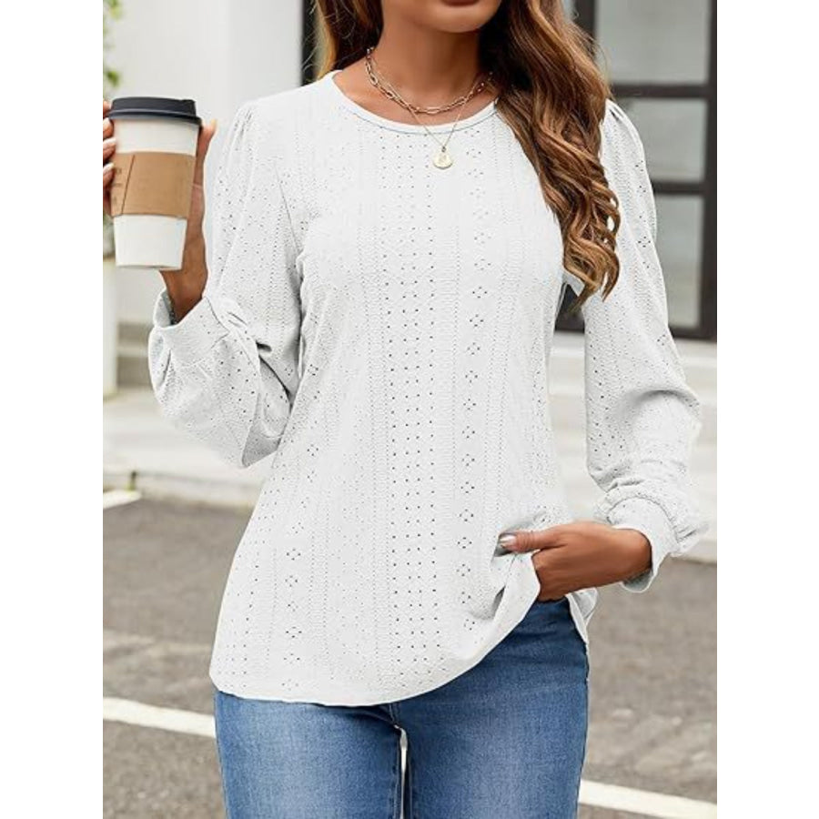 Eyelet Round Neck Long Sleeve Top White / S Apparel and Accessories