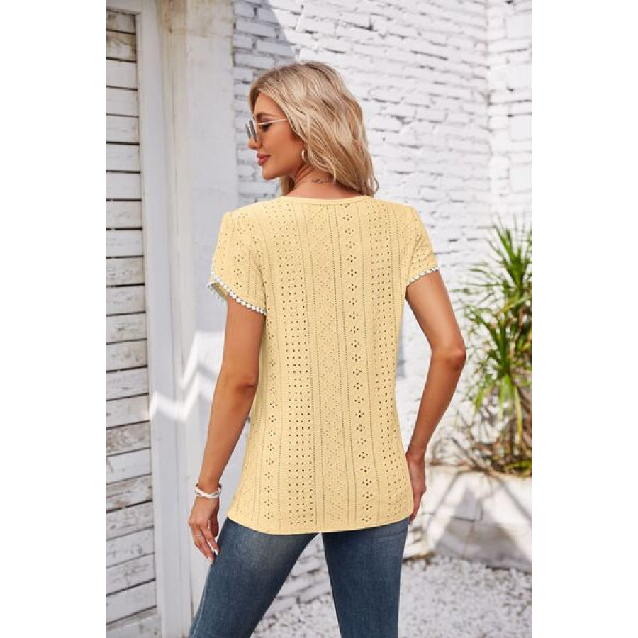 Eyelet Round Neck Petal Sleeve T - Shirt Apparel and Accessories