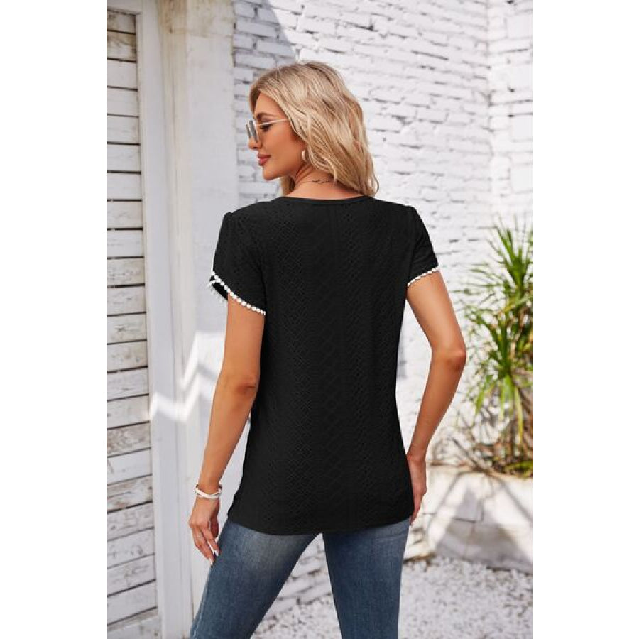 Eyelet Round Neck Petal Sleeve T - Shirt Apparel and Accessories