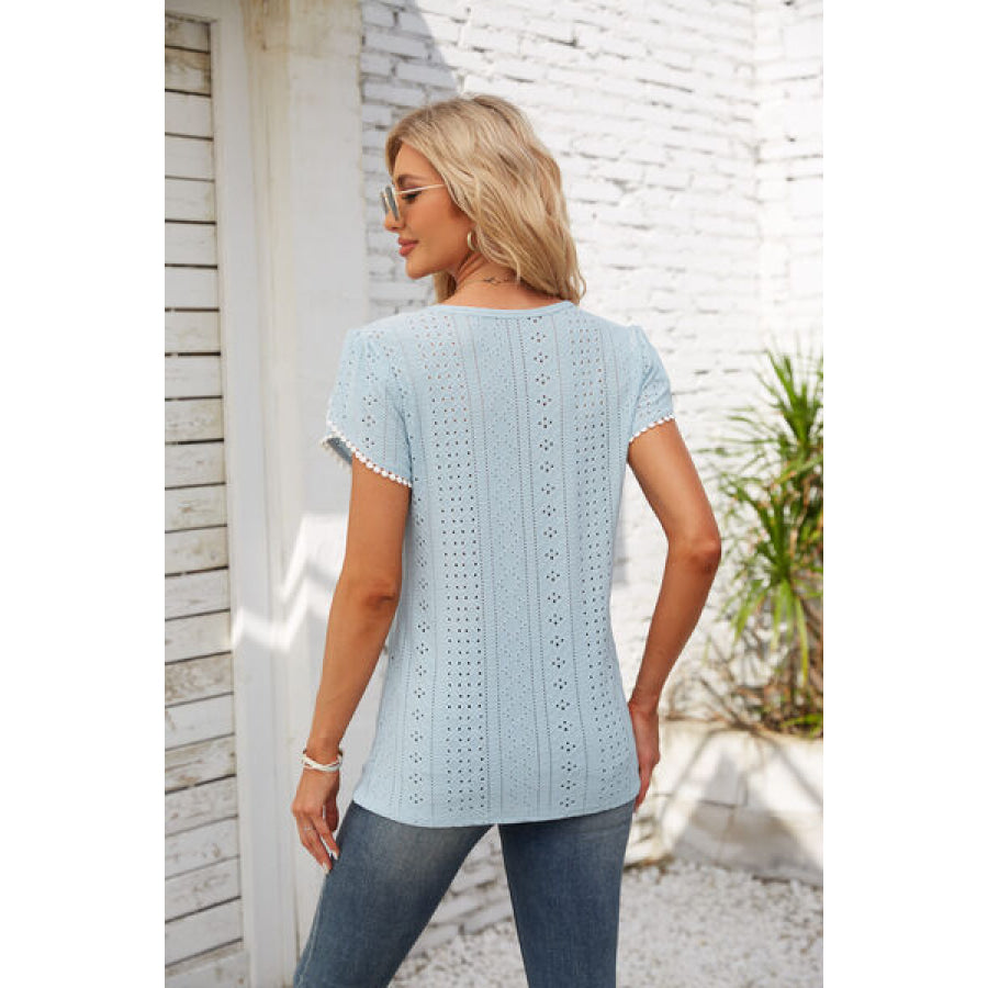 Eyelet Round Neck Petal Sleeve T - Shirt Apparel and Accessories