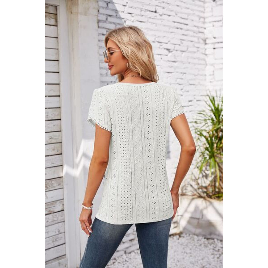 Eyelet Round Neck Petal Sleeve T - Shirt Apparel and Accessories