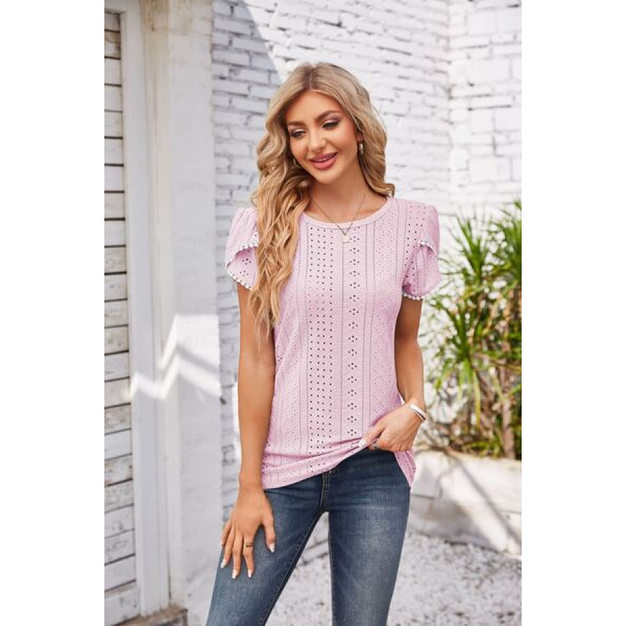 Eyelet Round Neck Petal Sleeve T - Shirt Blush Pink / S Apparel and Accessories