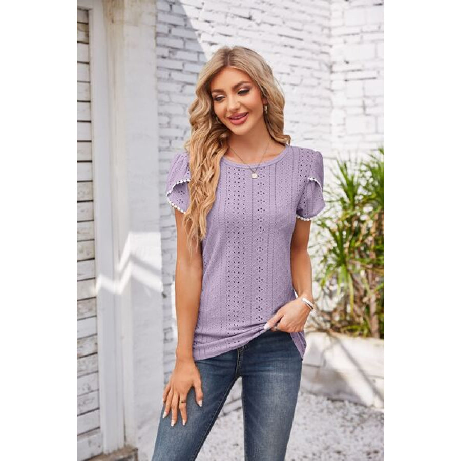 Eyelet Round Neck Petal Sleeve T - Shirt Lilac / S Apparel and Accessories