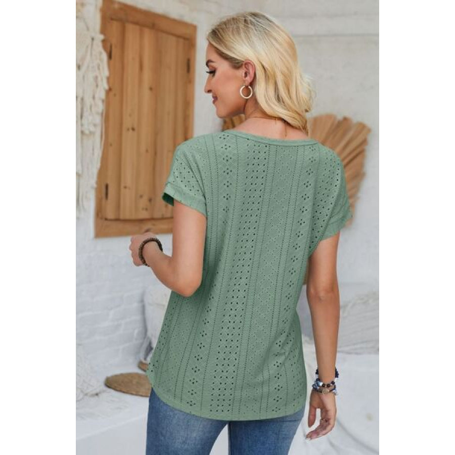 Eyelet Round Neck Rolled Short Sleeve T - Shirt Apparel and Accessories